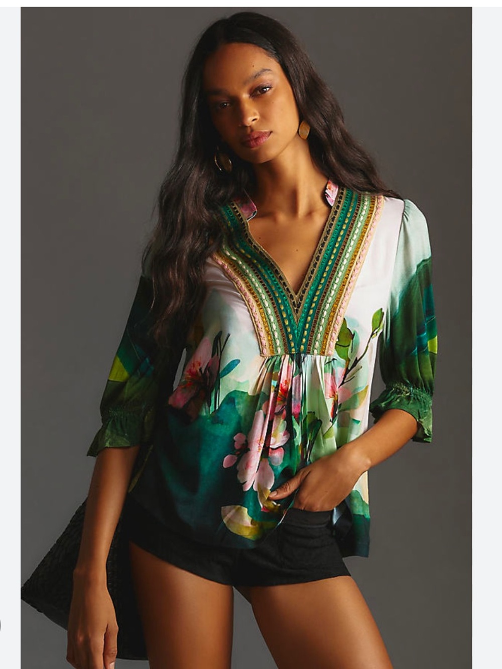 Anthropologie Bl^nk London Stephanie in Green Floral Landscape Boho V-Neck Smal